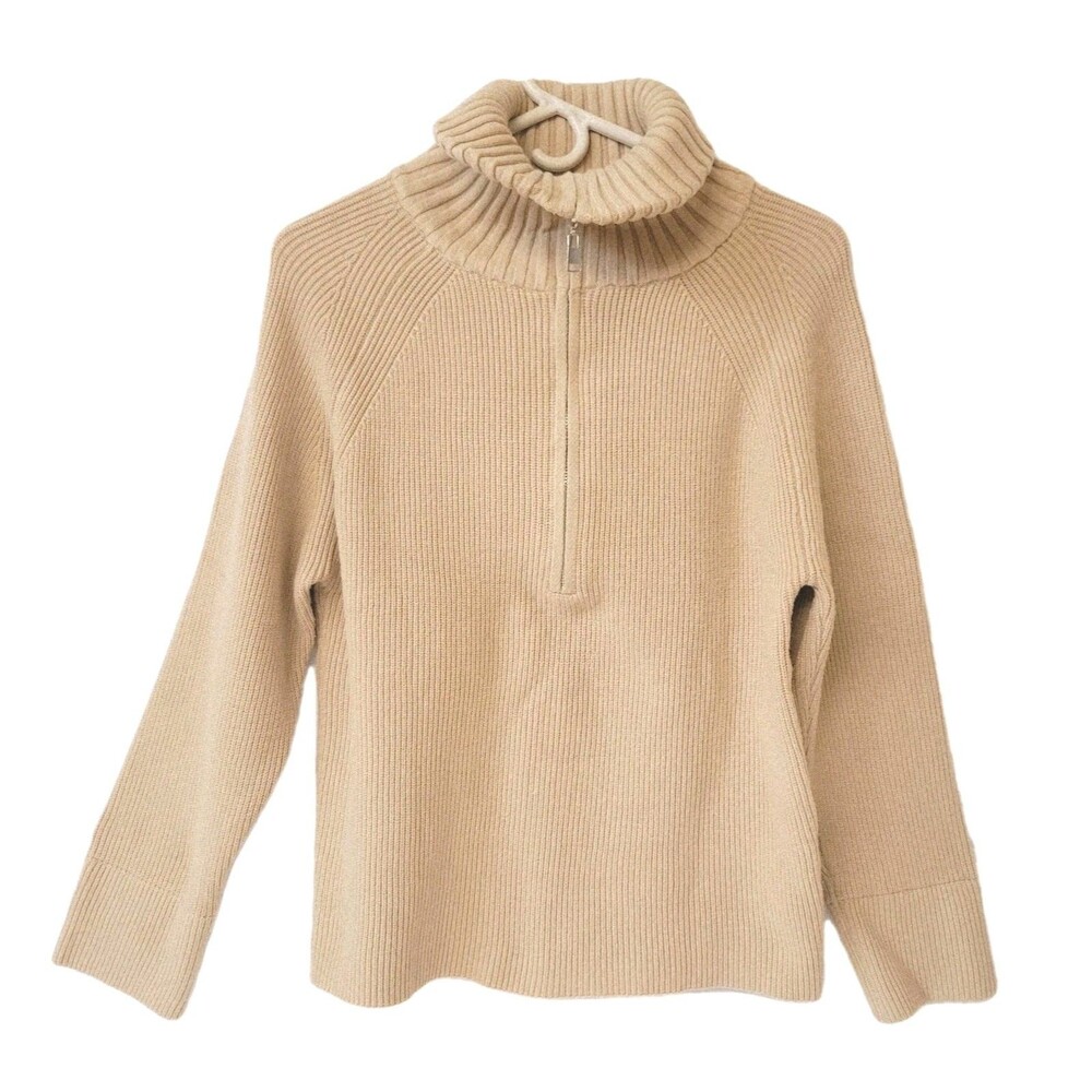 BTFBM Womens Size S Beige Ribbed Knit Turtleneck Sweater Quarter Zip Pullover